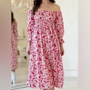 Victoria Dunn Songbird Smocked Floral Block Print Off Shoulder Midi M Cotton